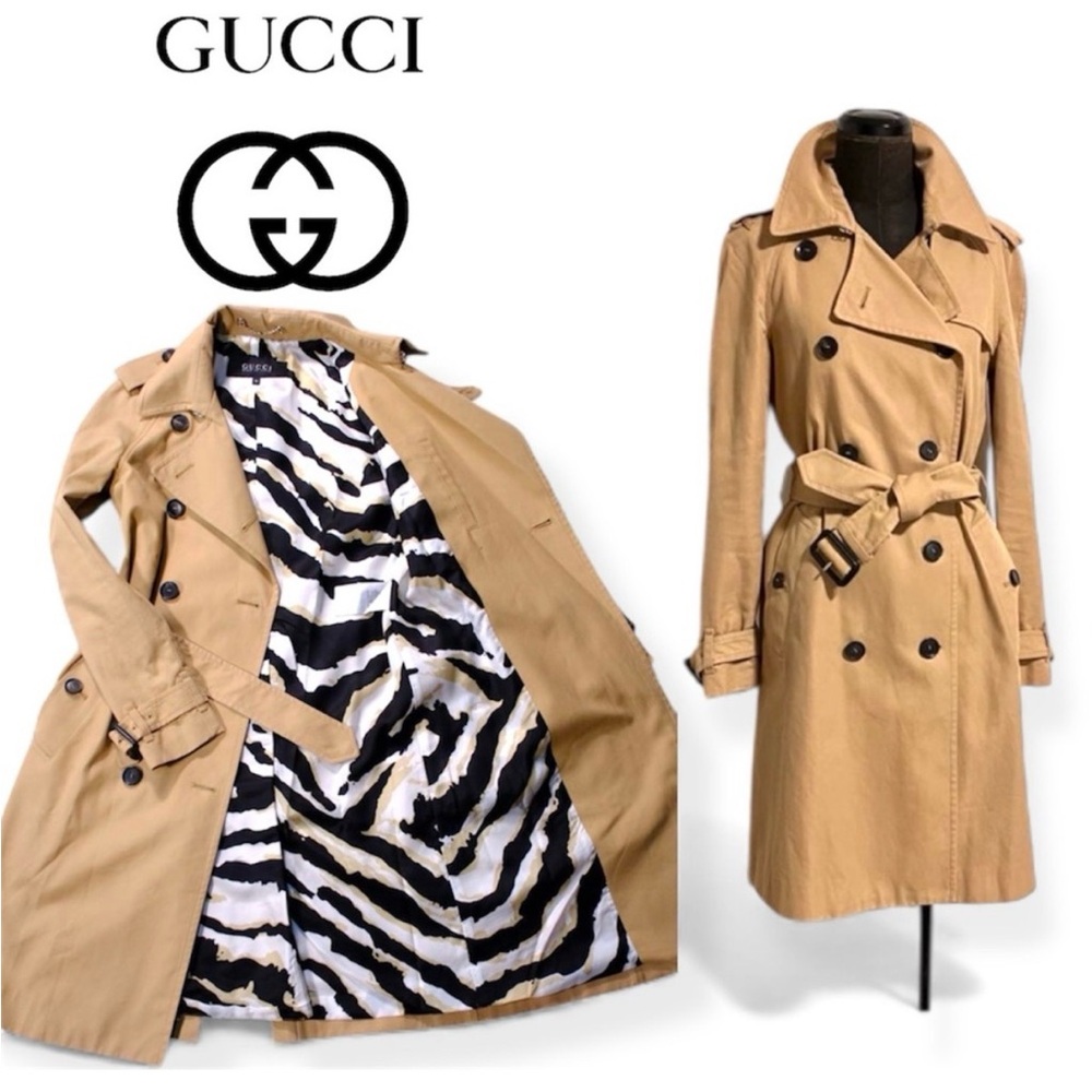 AUTHENTIC Gucci Beige Trench Coat with Zebra Print Lining Sz 36